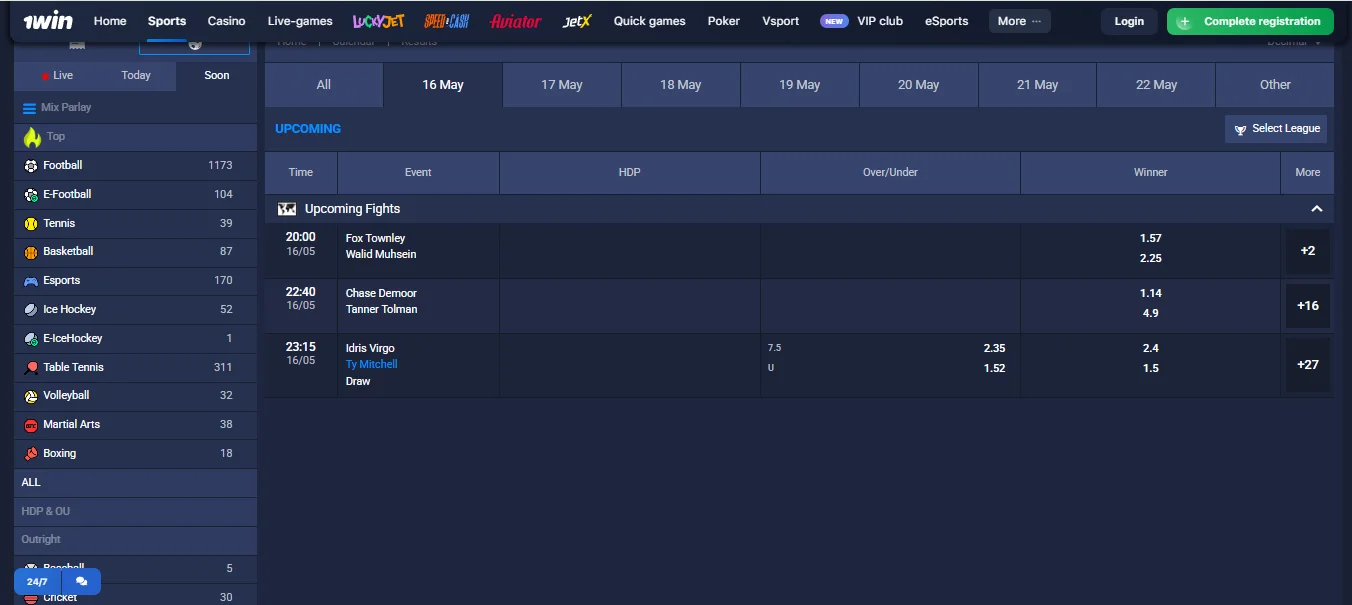 1win boxing bets